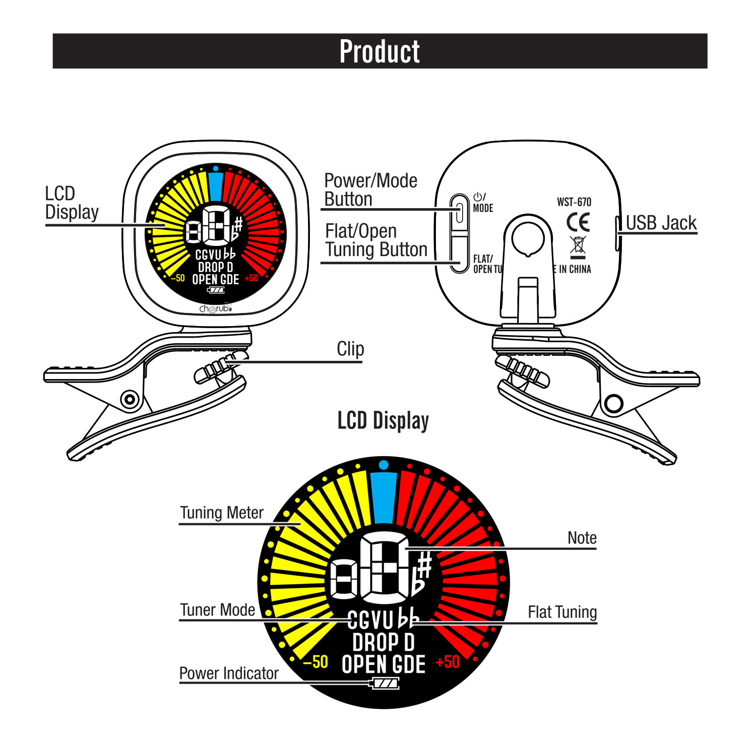 Cherub WST-670 Rechargeable Cl - Guitar Tuner Clip 评论和价格